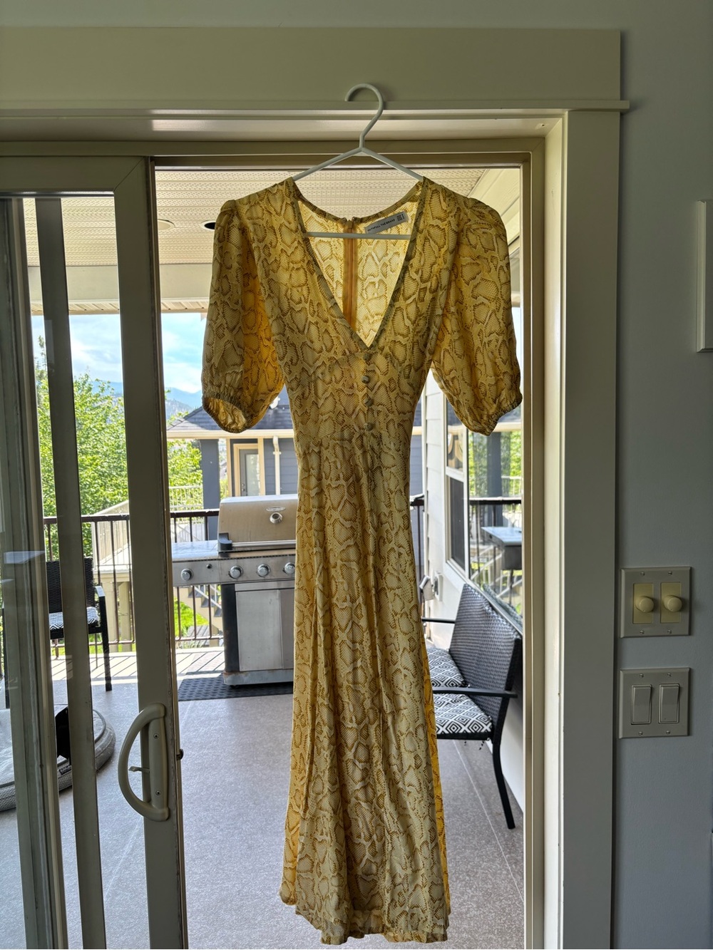 Faithfull the Brand Yellow Snake-Print V-Neck Midi Dress